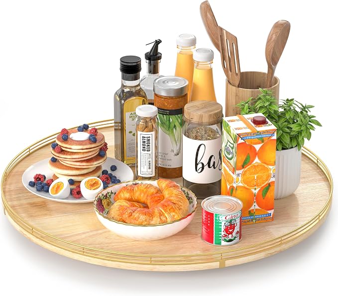 AMH 24-Inch Extra Large Lazy Susan with Solid Oak Base and Black Iron Rail by AMH