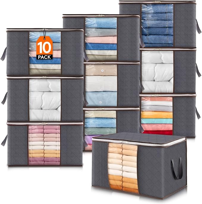 Lifewit 10 Pack 60L Clothes Storage Bins with Lids, Foldable Blanket Storage Bags with Zippers, Clear Window and Reinforced Handles, Closet and Organization for Clothing, Sweater, Comforter, Bedding by Lifewit