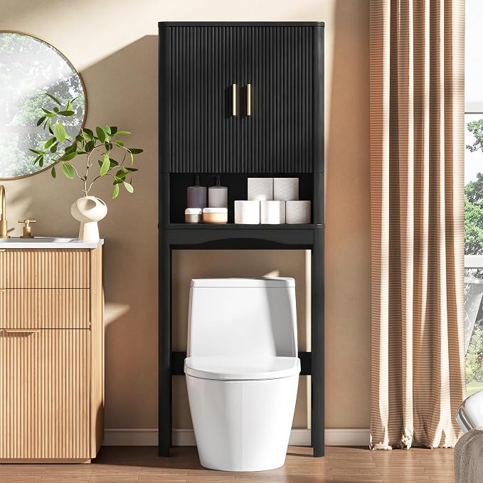 Vabches Farmhouse Over the Toilet Storage Cabinet with 2 Fluted Doors,Black by Vabches
