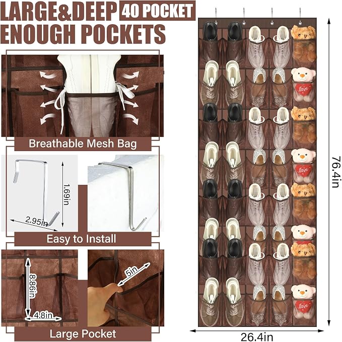Windyun 1 Pcs 40 Pocket Over the Door Shoe Organizer Hang,Brown - Image 3