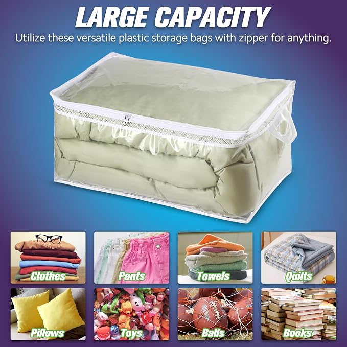 HIBAG 20 Gallon Large Storage Bag for Clothes, Zipper Clothing Storage Bag, Clear Organizer with Reinforced Handles, for Comforters Blankets Pillows Bedding (4 Pack) - Image 4