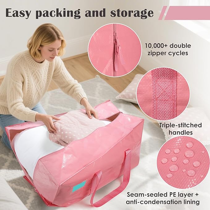 6 Pack Moving Bags with Full-Open Side Zipper, Extra Large 93L Heavy Duty Waterproof Foldable Storage Totes for College Dorm, Moving & Home Organization Pink - Image 3