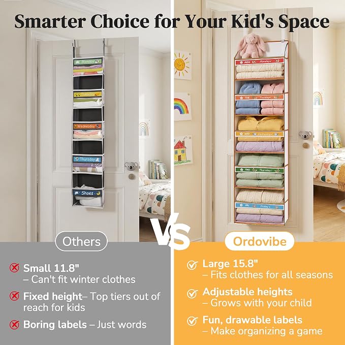 5 Tiers Adjustable Weekly Over Door Organizer with 10 Mesh Side Pockets, 44 lbs Weight Capacity Hanging Storage Organizer with Clear Window Kids Toys, Shoes, Diapers, Colorful - Image 7