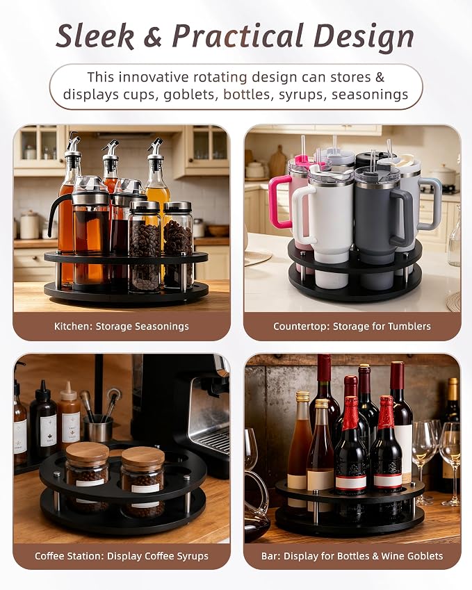 Rotating Wood Tumbler Organizer, 30 oz 40 oz Spinning Turnable Tumblers Holder, 360° Rotatable 7 Large Cups Bottle Tumbler Storage Display Stand, Rotate Syrup Organizer for Cabinet Countertop（Black） - Image 8