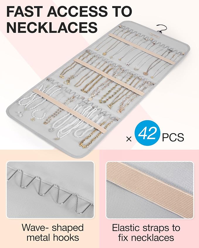 BAGSMART Hanging Jewelry Organizer Necklace/Earring/Ring 2-Sided L Grey - Image 2