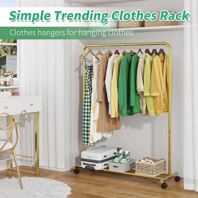 Simple Trending Standard Clothes Clothing Garment Rack with Storage Shelves, Rolling Clothes Organizer on Wheels for Hanging Clothes, Gold (Pack of 2) - Image 4