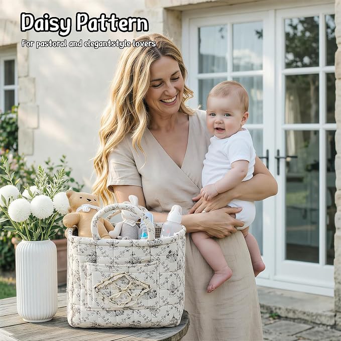 Quilted Fabric Car Storage Basket with Handles & Pocket, Foldable Laundry Hamper Boho Floral Print Organizer Bin for Home, Picnic, Office Nursery Cloth Toy 12"x10"x10" (Style D) - Image 4