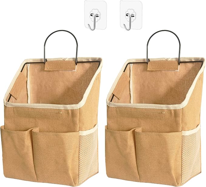 2pcs Wall Hanging Storage Bag,Wall Hanging Organizer Bags with Pockets, Wall Organizer Storage for Dormitory Bathroom Bedroom Kitchen(Dark khaki) by Someteth