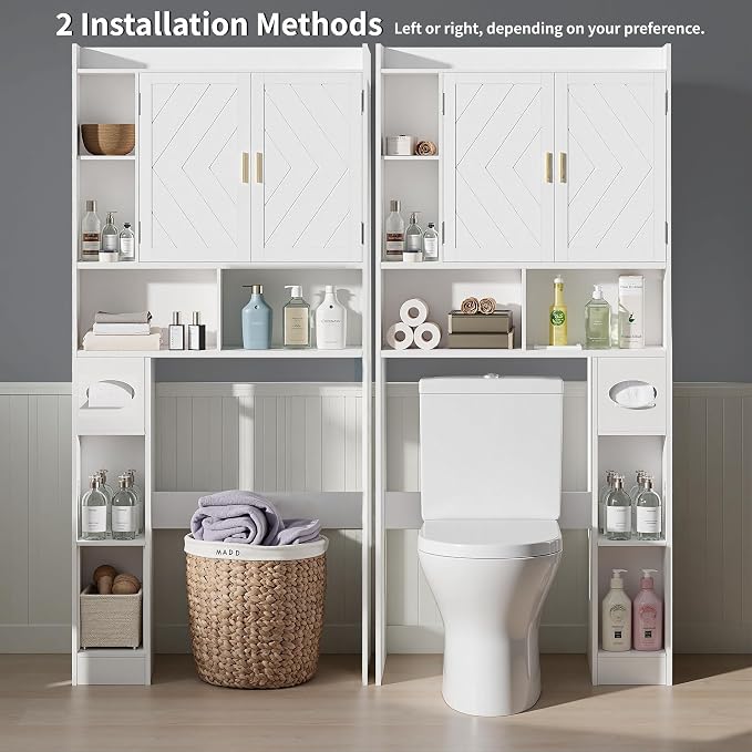 VECELO Over The Toilet Storage Cabinet, Storage Cabinet Over Toilet with Adjustable Shelves & Toilet Paper Holder Stand, Home Space-Saving Toilet Storage, for Bathroom, Restroom, Laundry, White - Image 4