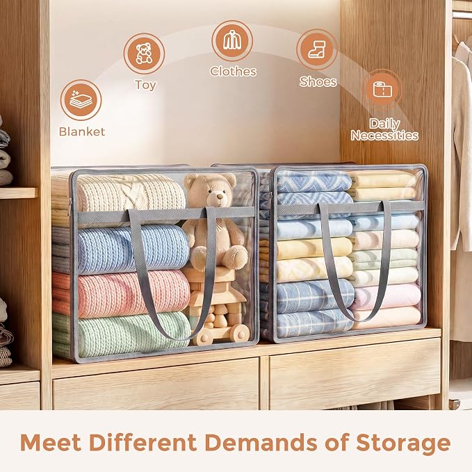 4 Pack Clear Storage Bags for Clothes, 45L Closet Organizers and Storage | Plastic storage with zipper and handle, moving bags, under-bed storage, closet organizer for blankets, comforters, toys - Image 4