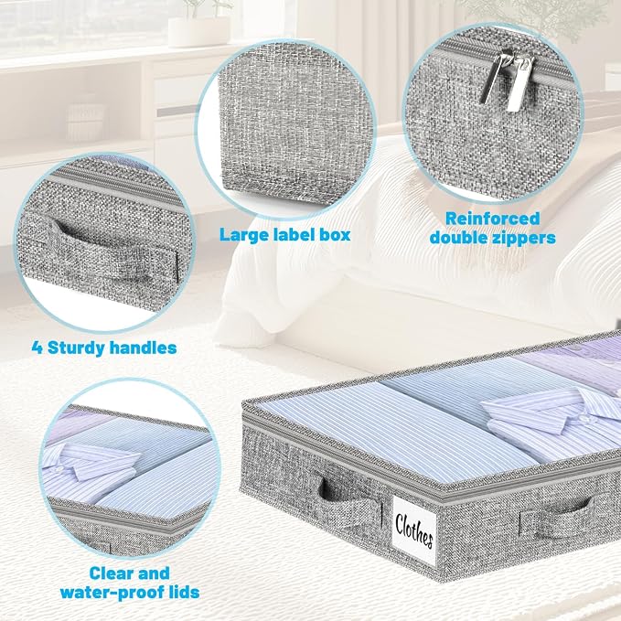 5 Inch Low Profile Under Bed Storage Drawer 4 Pack, Lightweight Underbed Clothes Storage Container Bins With NO STURCTURE, Shallow Storage Bag for Dorm & Home, With Clear Lids & Water-Resistant Fabric - Image 7