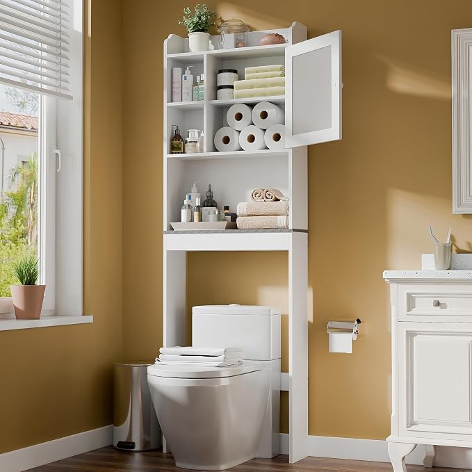 SUPER DEAL Over The Toilet Bathroom Storage Cabinet Freestanding Wooden Bathroom Organizer with Adjustable Shelves and Glass Door, White by Superdeal