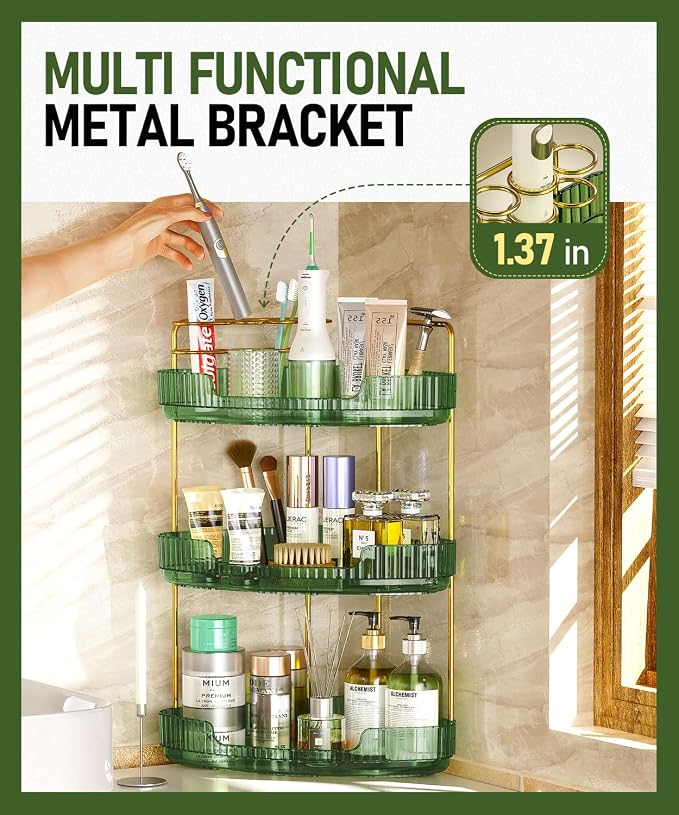 EUHOME 3-Tier Corner Bathroom Counter Organizer Makeup Cosmetic Storage, Tool-Free Installation Acrylic Vanity Shelf, Skin Care Organizer Perfume Tray for Countertop Bathroom, Dresser, Kitchen (Green) - Image 4