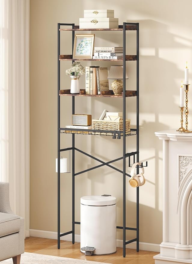 Quikraen 4 Tier Over The Toilet Storage Shelf with 3 Adjustable Shelves, Space Saver Bathroom Organizer with 4 Hooks, Freestanding Above Toilet Rack for Restroom Laundry (Brown) - Image 9