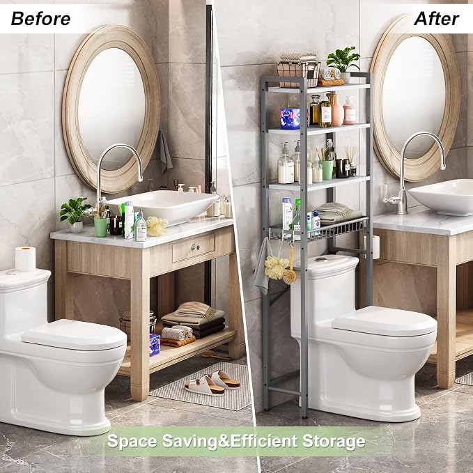 Kalrin Over-The-Toilet Storage Rack, 4-Tier Bathroom Organizer Shelf Over Toilet with Adjustable Shelf and Basket, Freestanding Space Saver Bathroom Shelves Above Toilet for Room (Gray- White) - Image 4