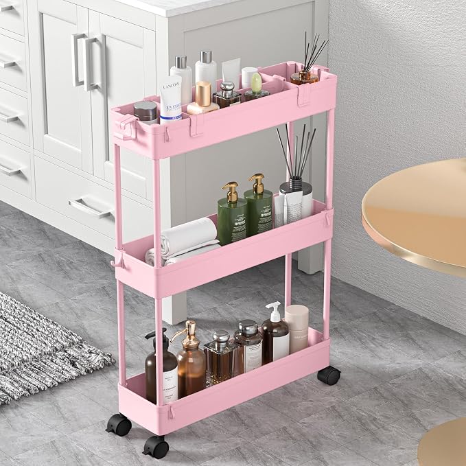SPACELEAD Slim Storage Cart 3 Tier,Bathroom Organizer Rolling Utility,Mobile Shelving Unit Slide Out for Office, Kitchen, Laundry Room & Narrow Places,Pink by Home