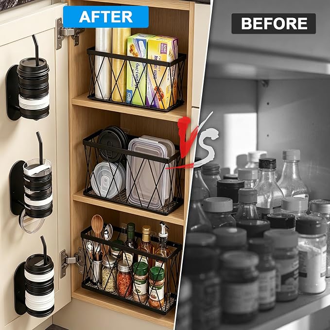 7 Pack Adhesive Multi Size Pantry Door Organizer,3 Cabinet Door Organizer + 4 Cup Lid Holders,Lid Organizers Inside Cabinet Food Container and Storage Cup Lids Holder Kitchen Cabinet Storage - Image 7