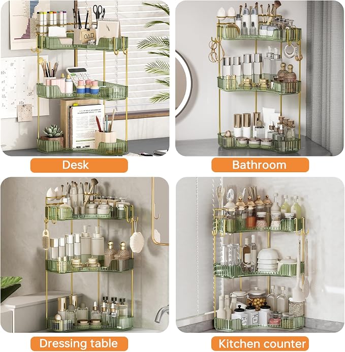 3-Tier Corner Bathroom Counter Organizer，Makeup & Skincare Shelf with Built-in Brush Holder，Space-Saving Bathroom Countertop Organizer for Skincare, Perfume, Cosmetics(Green) - Image 9