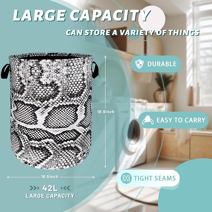 Grey Snake Print Laundry Basket Oxford Cloth Foldable Hamper 18.9x16.5 In - Image 2