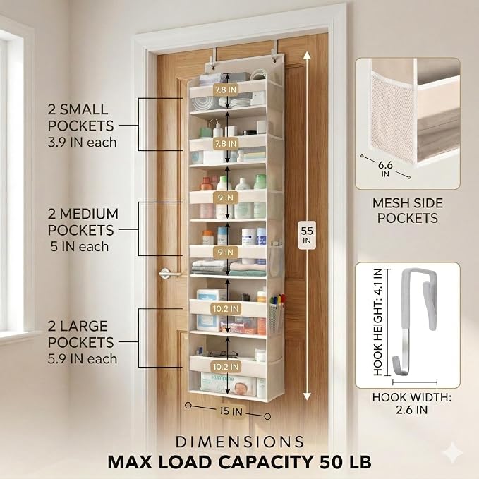HOMELUX THEORY Over the Door Organizer, 6-Tier, 100D Fabric, Ivory 1pc | Over the door shoe organizer, 50 lbs capacity, 12 side mesh pockets, 100D extra thick fabric, Closet & entryway storage - Image 2
