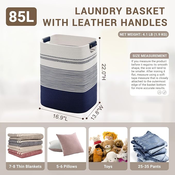 85L Tall Woven Laundry Basket Hamper with Leather Handles,Navy - Image 2