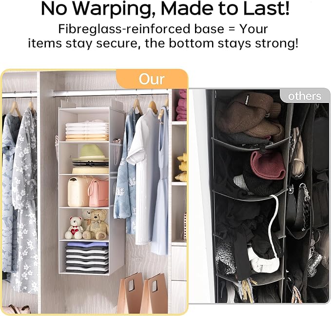 ALLTIDYUP Extra Deep Hanging Closet Organizers and Storage, 5-Tier Closet Hanging Organizer with 4 Mesh Pockets, Heavy-Duty Closet Shelves for Clothes and Hats, Ideal for Dorms and RVs, 1-Pack, White - Image 6
