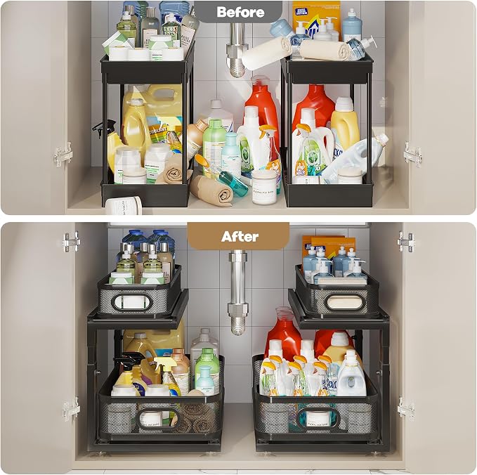 2 Pack 21IN-Depth Under Sink Organizer With Next-Gen Ball-Bearing Slides,2-Tier Precision Mesh Pull Out Cabinet Storage for Bathroom&Kitchen,Height Adjustable Drawers Shelf,Anti-rust-Black - Image 6