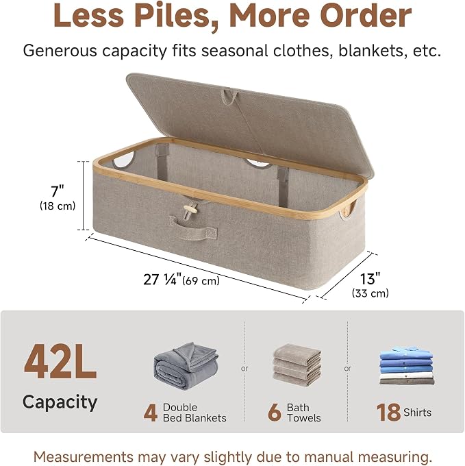 StorageWorks 7" Low Profile Underbed Storage Containers with Bamboo Frame | Strong Frame Resists Sagging, Buckle Flip-Top Lid, Fabric Handles, Foldable Stackable Design, for Dorms, Bedrooms & Closets - Image 3
