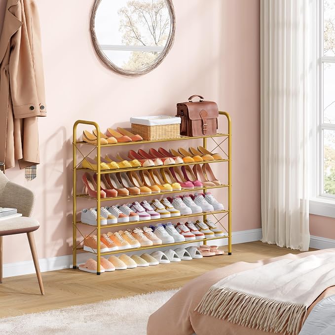 Hoctieon 5 Tier Shoe Rack for Closet, Durable Mesh Style Shoe Rack, Entryway Shoe Shelf, Shoe Storage Organizer for Hallway, Bedroom, Living Room, Wardrobe, Gold - Image 5