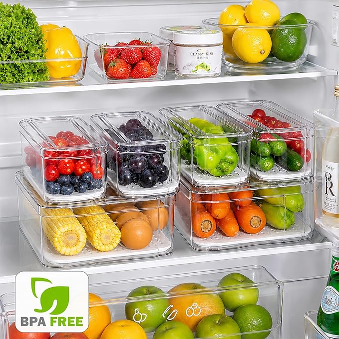 SMRCAD 10 Pack Clear Fridge Organizer Bins with Drain Trays - Stackable - Image 3