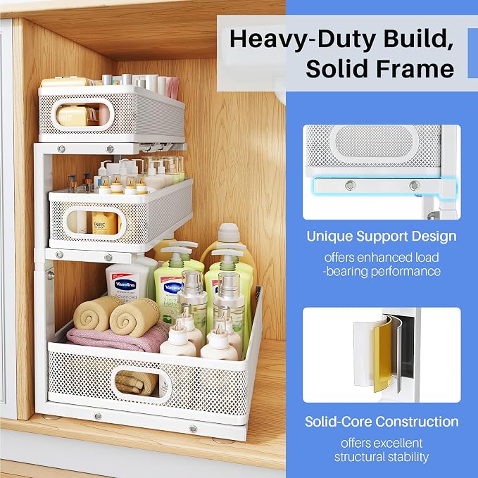 Under Sink Organizer, 3-Tier Thickened Metal Pull out Cabinet Organizer Shelf, Height Adjustable Slide out Storage Drawer Rack for Kitchen Bathroom Pantry Laundry Home Organization, 1-Pack, White - Image 5