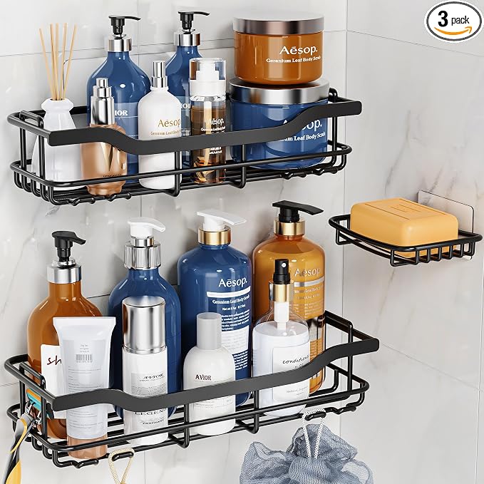 OMAIRA 3-Pack Shower Caddy with Soap Holder, Adhesive Rustproof No-drill Strudy Loading Inside Shower Organizer Shelves Rack Storage Bathroom Organization for Smooth Wall Glass Tile, Black (XX-Large) by OMAIRA