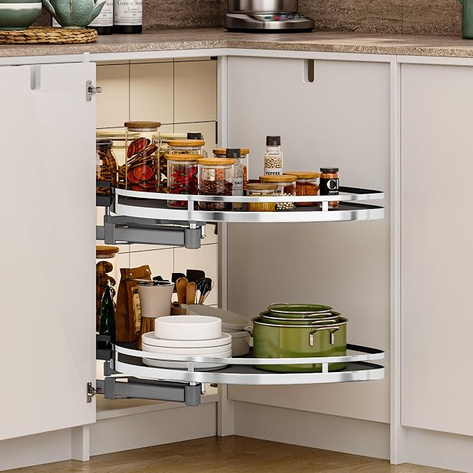 DWVO Corner Cabinet Pull-Out Organizer, 2-Tier Blind Corner Shelf with 270° Swing-Out Tray, Left Swing, Heavy-Duty Chrome Plated Iron, 32.7"x17.3"x21.3", Gray by DWVO