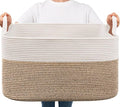 Goodpick Large Woven Rope Blanket Basket, Rectangle, White & Light Brown by Goodpick