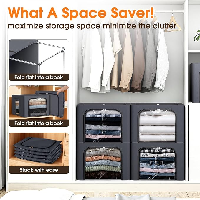 8 Pack Clothes Storage Bins with Metal Frame,Stackable Organizer Bins with Handles for Closet & Bedroom(Light Grey) - Image 3