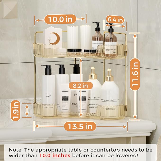 YCIA&DONE Corner Bathroom Counter Organizer, Makeup Organizer for Vanity, Skincare Cosmetic Perfume Tray, Corner Countertop Shelf Rack Storage for Bathroom Kitchen 2 Tiers (Amber Gold) - Image 6