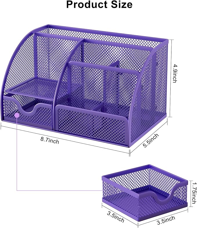 EasyPAG Mesh Desk Organizer with Drawer Multi-functional Pen Holder Stationery Organizer for Office School Supplies 6 Compartments Dorm Organizers and Storage for Desk, Purple - Image 7