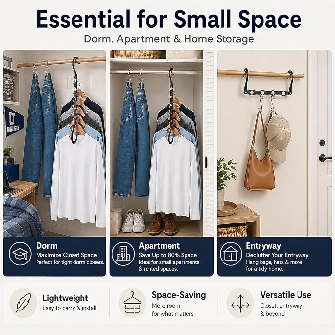 8 Pack Black Space Saving Hangers for Closet Organizers and Storage, 9.4 inch with 5 Enclosed Anti-Slip Hole, Clothing Hangers for Small Apartment & Small Closets and Dorm Room Essentials - Image 5