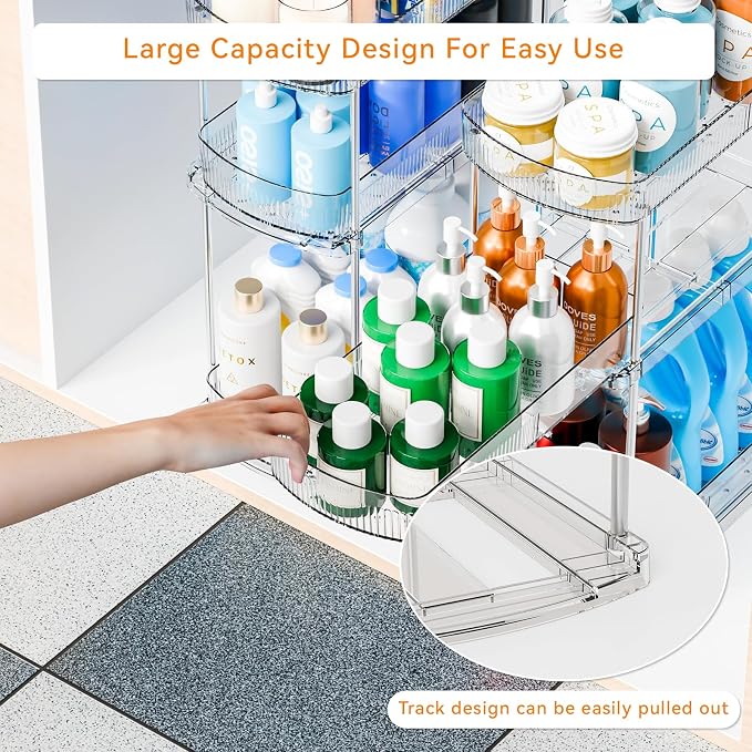 Yieach 2 Pack 13.8″ Deep 3 Tier Under Sink Storage Organizer,Large Pull Out Bathroom Organizers and Storage,Slide Out Acrylic Undersink Storage Shelf,Kitchen Under Sink Organizer for Cleaning Products - Image 5