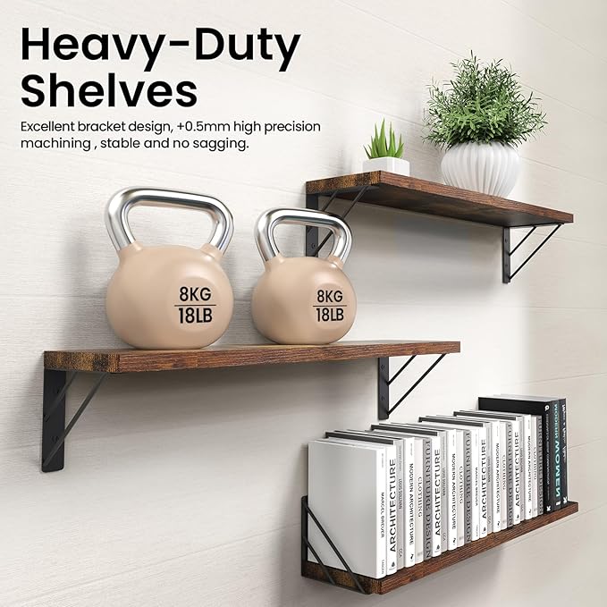 BAYKA Floating Wall Shelves for Bedroom, Wood, Rustic Brown, Set of 3, 23in - Image 5