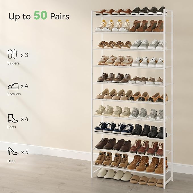 Nunsino Shoe Rack for Closet, Metal Shoe Organizer, 10 Tier Garage Shoe Rack Max Holds 50 Pairs,Shoe Storage Shelf,Entryway,White - Image 5