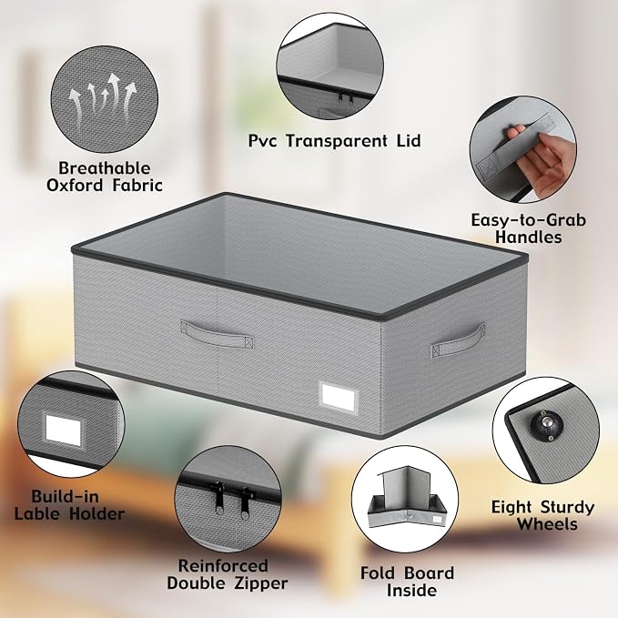 EE-RoomWorld Under Bed Storage with Wheels, No Assemble Required 10 inches height Under Bed Storage bins,Large capacity Rolling Underbed Shoe Storage containers，dorm underbed storage drawers - Image 4