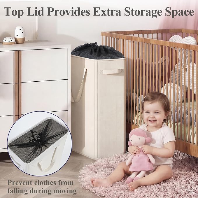 Optish 50L Slim Laundry Hamper, Baby Hamper for Nursery with Handles, Narrow Laundry Basket for Dorm, Bedroom, Living Room, Collapsible Laundry Basket, White - Image 4