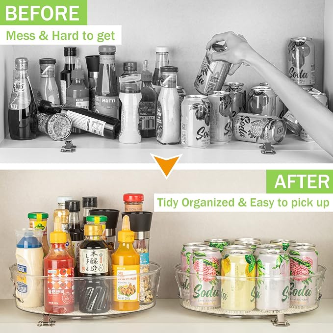 3 Pack Lazy Susan Organizer for Pantry Storage with Non-Skid Liner, 12" Clear Rotating Lazy Susan Turntable for Coner Cabinet, Kitchen Sink, Bathroom, Countertop, Lift-up Design for Easy Moving - Image 2