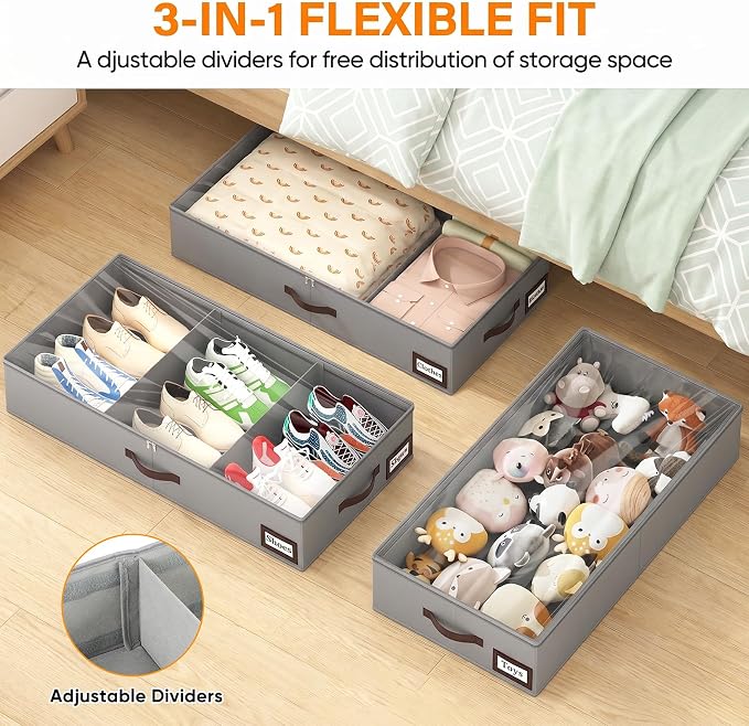 OIAHOMY 2 Pack 38L Under Bed Storage with Adjustable Dividers, 6" Low Profile Underbed Storage Bins for Comforters & Clothes, Save Closet Space with Clear View Lid & Reinforced Handles, Grey - Image 9