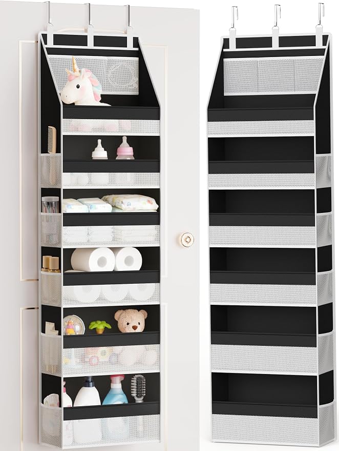 Criusia Over the Door Organizer, Heavy-Duty 6-Shelf Hanging Storage with 13 Mesh Pockets, 55lbs Capacity Behind the Door Storage for Nursery, Bathroom, Bedroom, and Dorm, Black by Criusia
