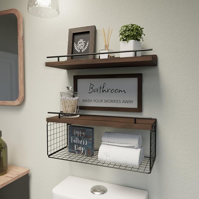WOPITUES Floating Shelves for Bathroom Decor Art, Rustic Brown - Image 2
