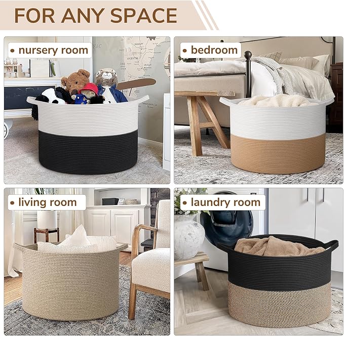 INDRESSME 115L Extra Large Woven Rope Blanket Basket Living Room, Mix Black - Image 4