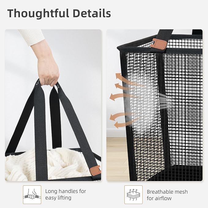 STORAGE MANIAC Collapsible Laundry Basket, 16.9 Gal. Large Pop-up Laundry Hamper with Long Carry Handles, Space-Saving Foldable Clothes Hamper with Bottom Elastic Band, Travel Laundry Bags, Mesh Black - Image 6