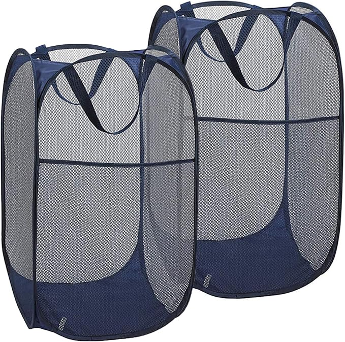 2 Pack Pop Up Laundry Hampers, Collapsible Mesh Laundry Basket, Foldable Clothes Hampers for Bathroom, College Dorm, Travel (Navy Blue) by Buenod